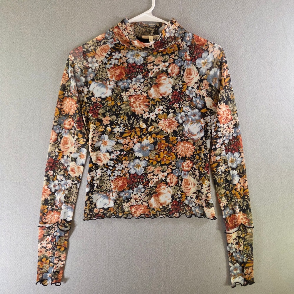 Promesa Floral Mesh Mock Neck Long Sleeve Top Lettuce Edge Small Sheer Y2K Fairy